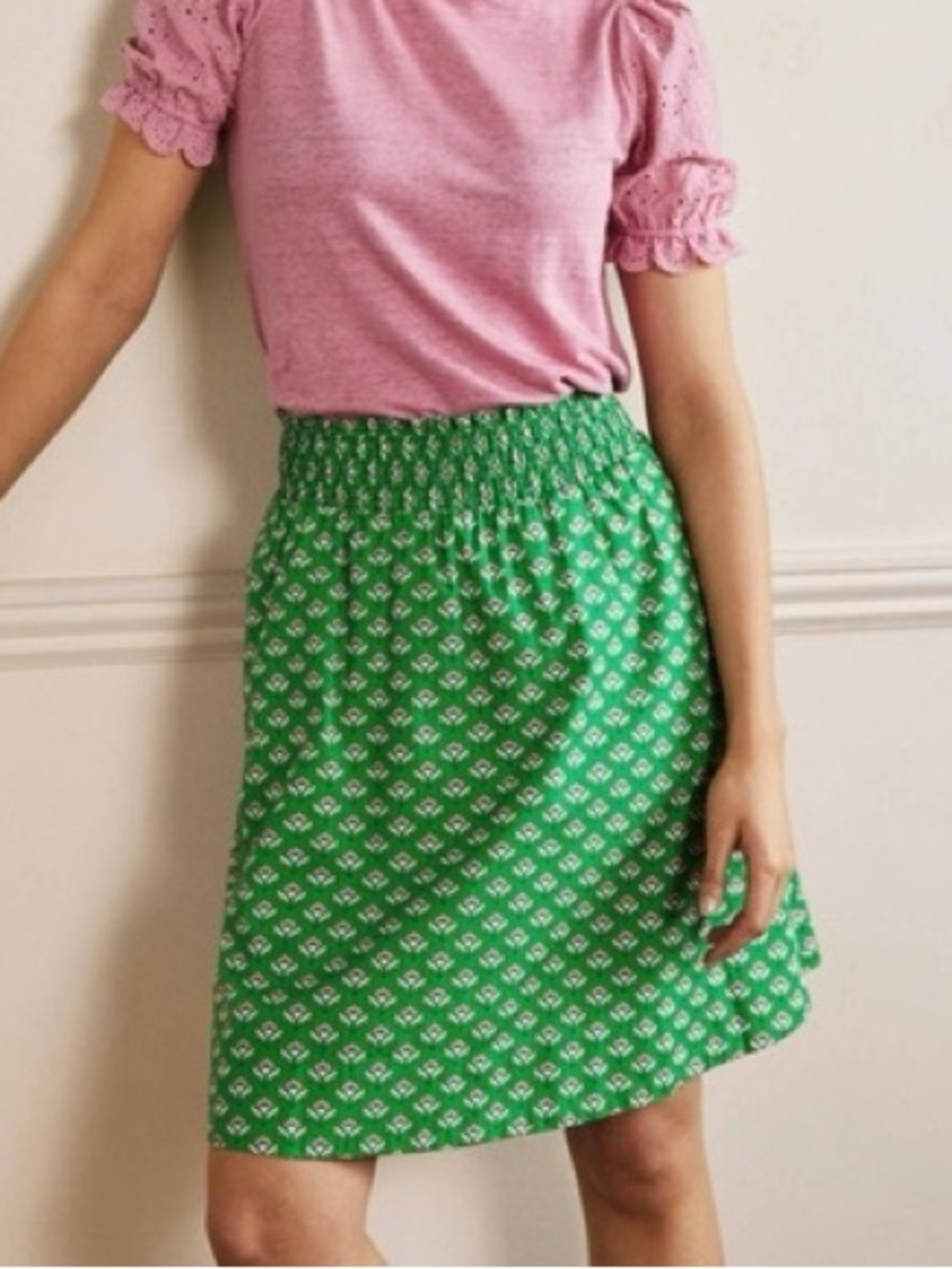 Boden Shirred Waist Cotton Oriental Bud Print A-Line Skirt Green 10L